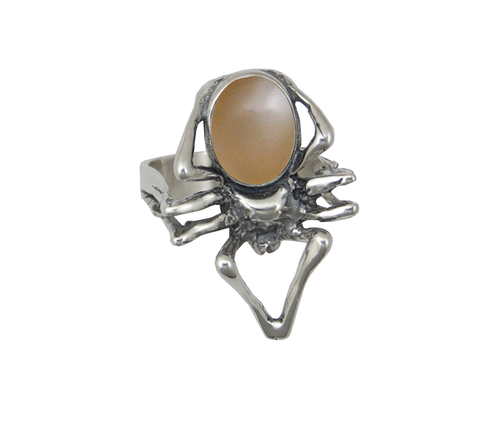 Sterling Silver Big Spider Ring With Peach Moonstone Size 10